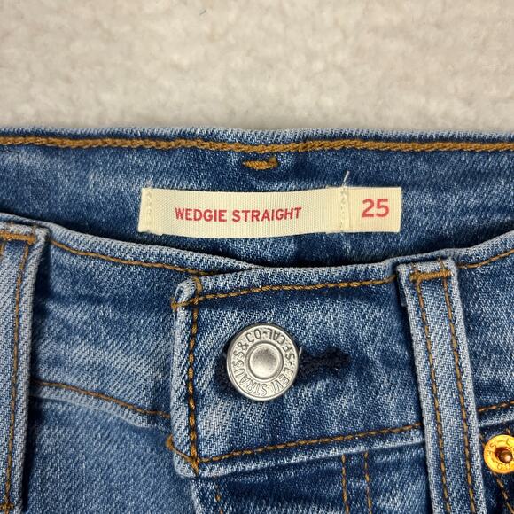 Levis Wedgie Straight Jeans Womens 25 Blue Summer Love Hi Rise Buttonfly Stretch - Picture 6 of 10